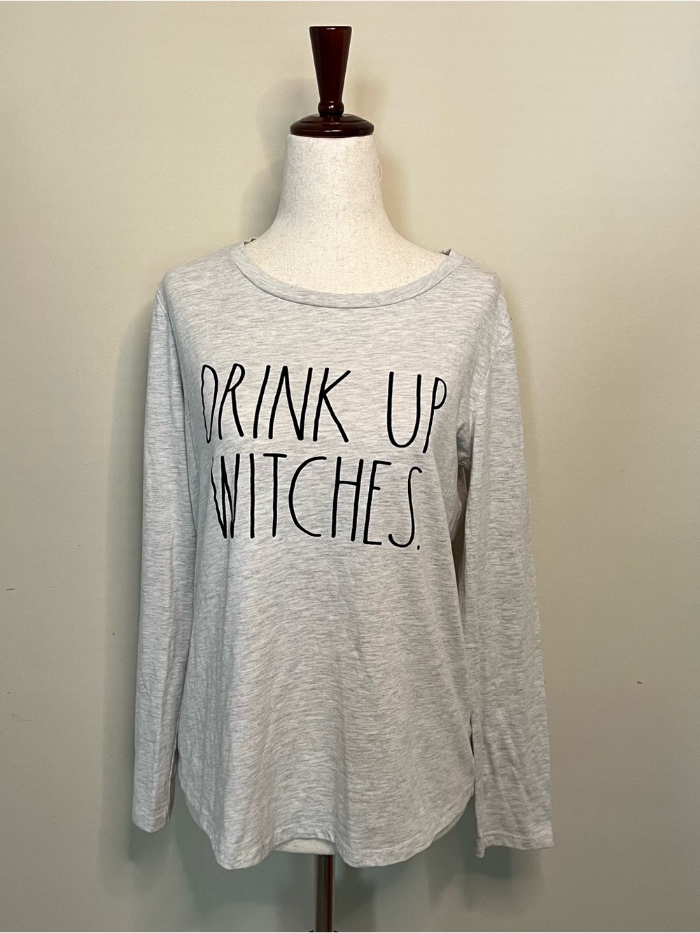 Rae Dunn Light Gray Long-Sleeve Tee with "Drink Up Witches" Graphic